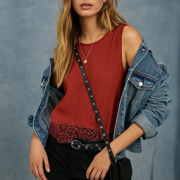Elodie Tops - Elodie Red Sleeveless Blouse Top – Sheer Front Detail, High-Low Hem, Size Large